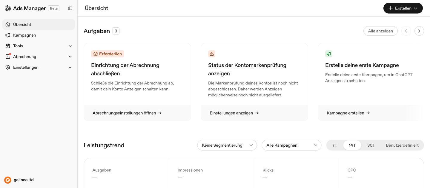 Übersichtsseite mit Aufgaben-Karussell und Leistungstrend im OpenAI Ads Manager