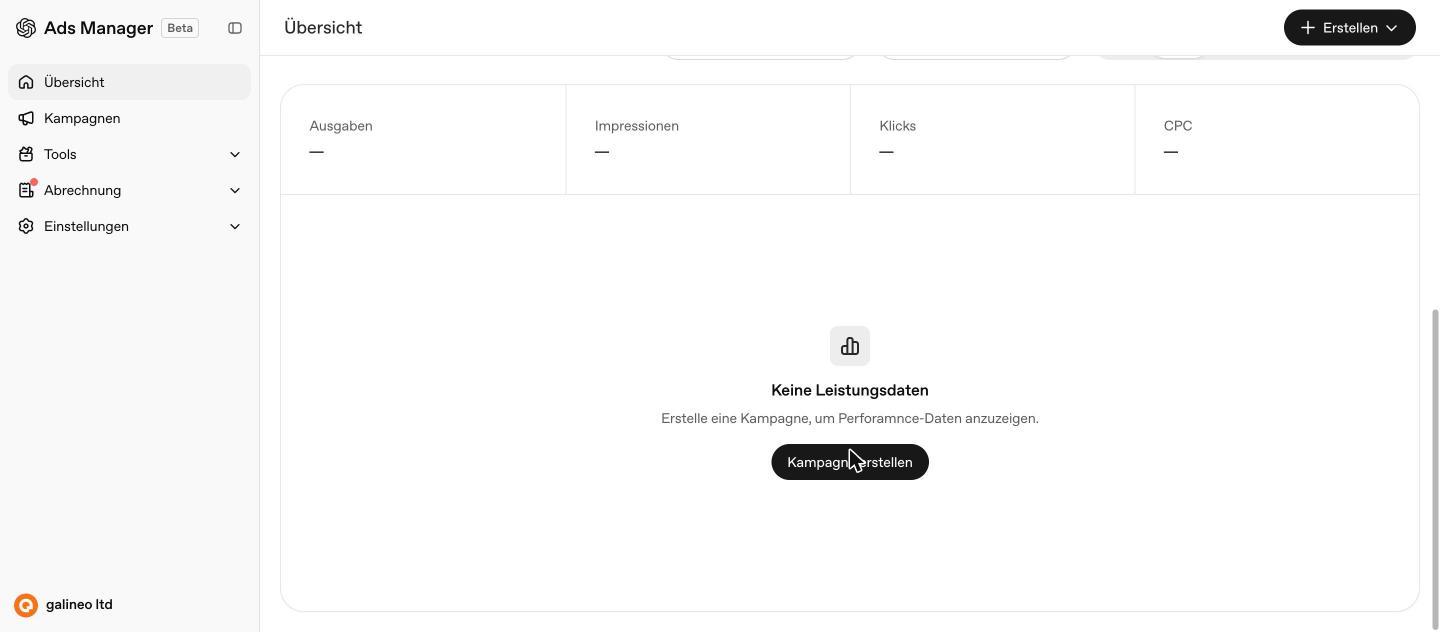 Übersichtsseite ohne Leistungsdaten im OpenAI Ads Manager
