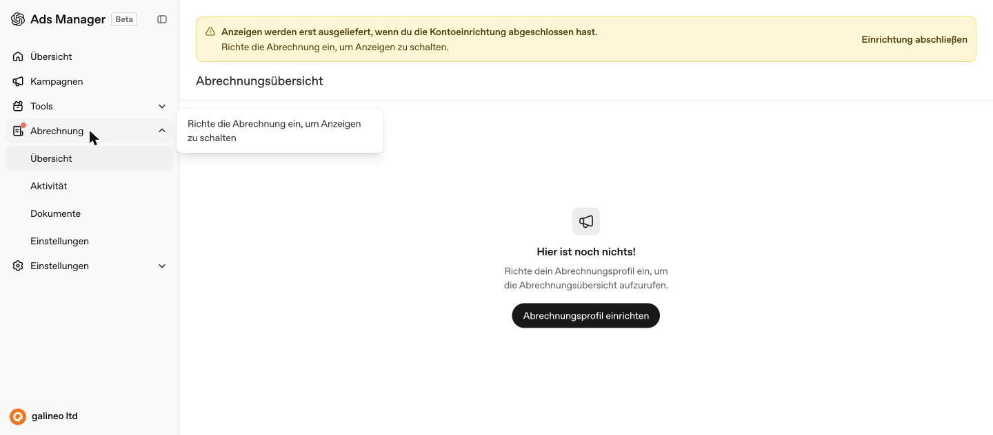 Abrechnungsbereich mit Untermenü im OpenAI Ads Manager