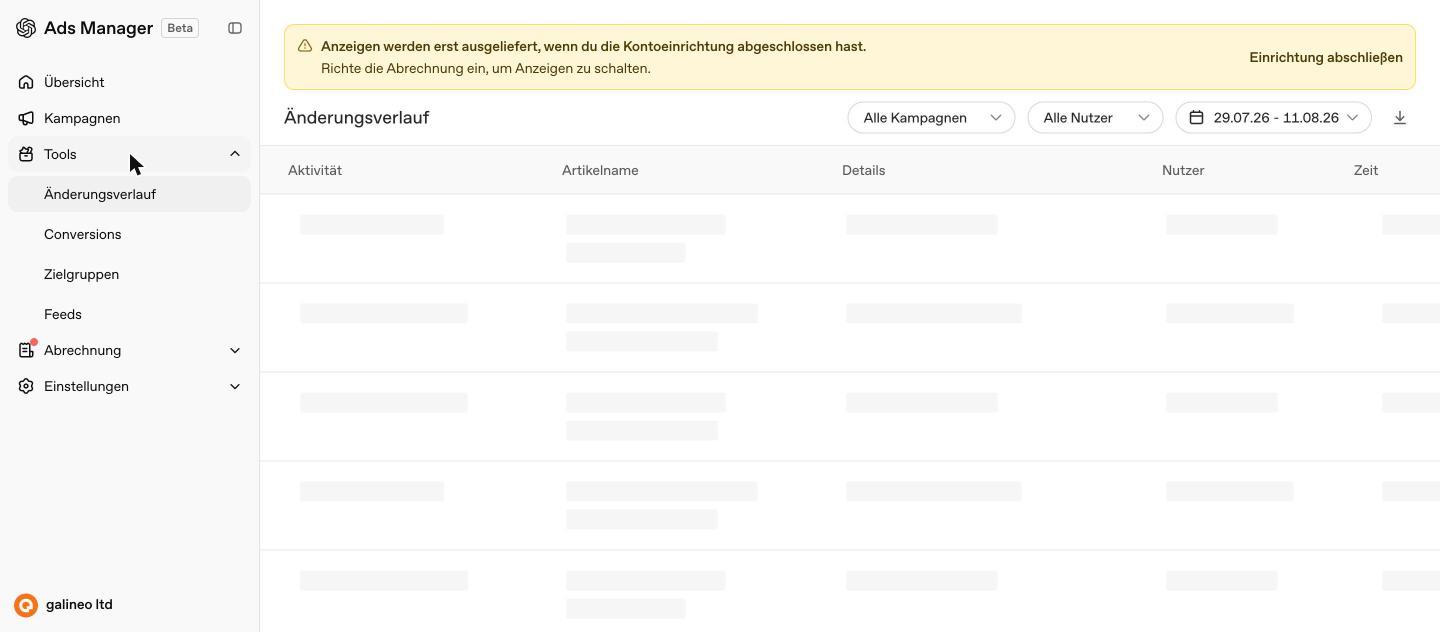 Änderungsverlauf unter Tools mit Spalten und Filtern