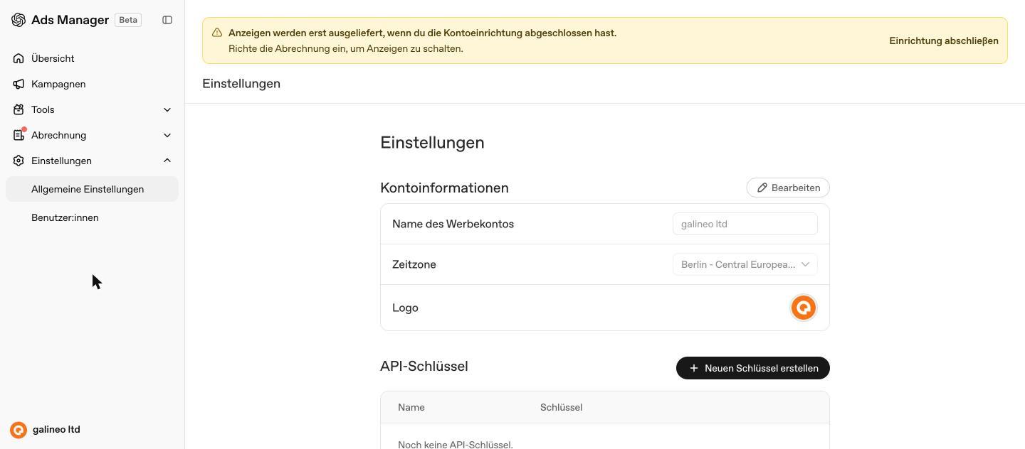 Kontoeinstellungen mit Kontoname, Zeitzone und API-Schlüsseln