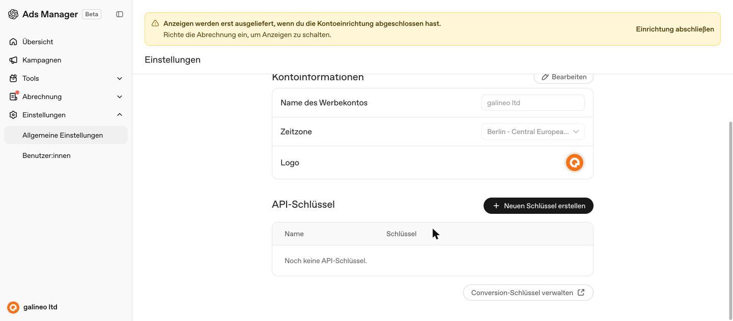Einstellungen mit API-Schlüsseln und Verwaltung der Conversion-Schlüssel