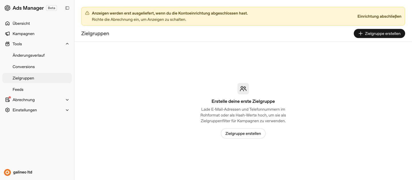 Zielgruppen-Bereich mit Upload von E-Mail-Adressen und Telefonnummern