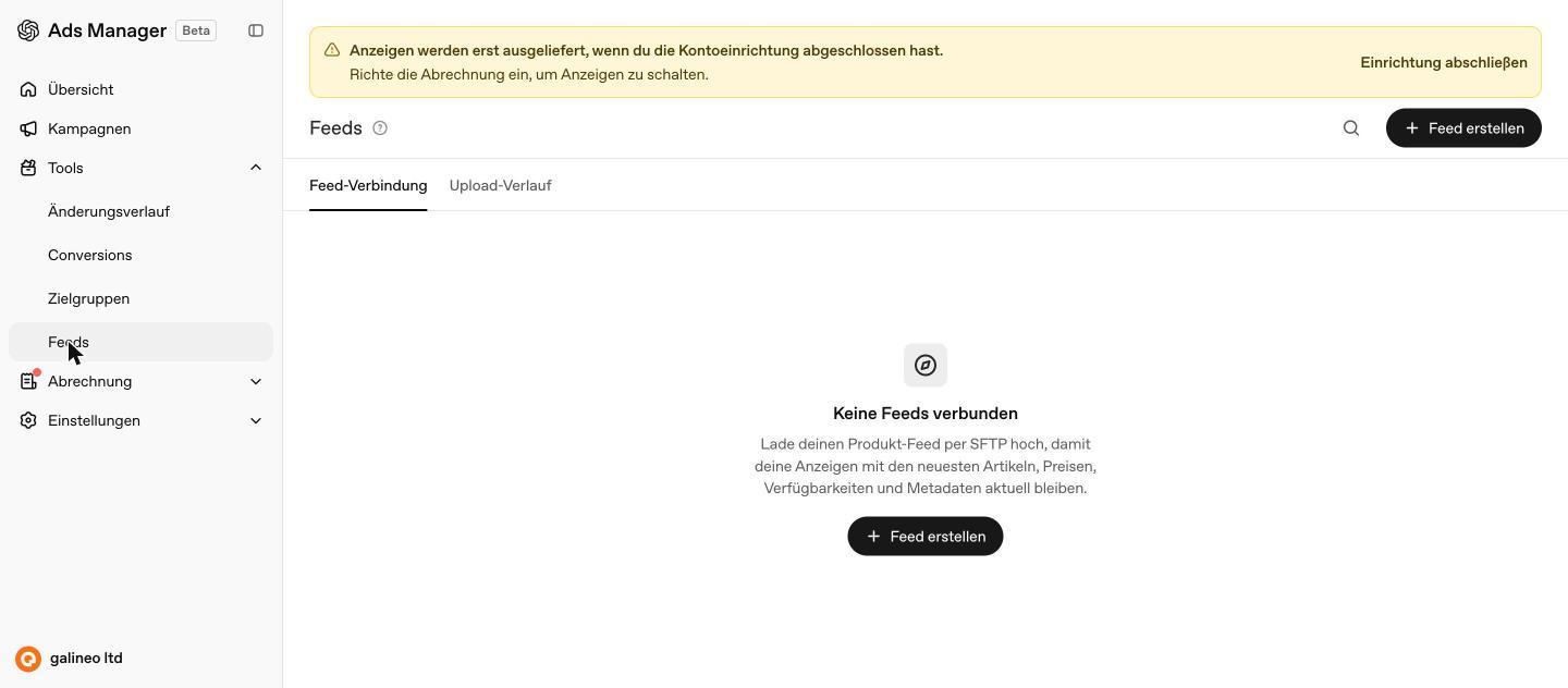Feeds-Bereich mit SFTP-Upload für den Produkt-Feed