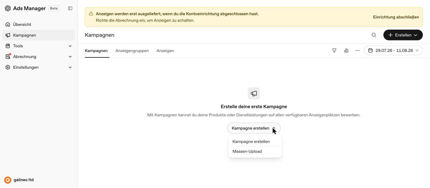 Erstellen-Dropdown mit der Option Massen-Upload