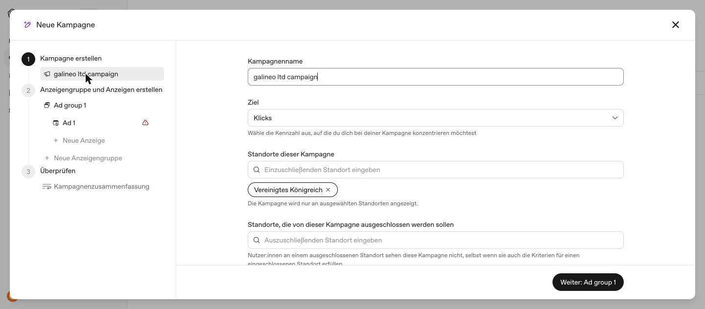 Erster Schritt der Kampagnenerstellung mit Name, Ziel und Standorten