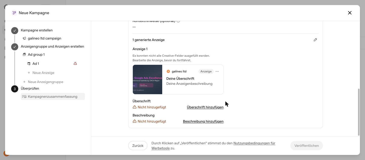 Fehlermeldung zu unvollständigen Creative-Feldern in der Kampagnenzusammenfassung