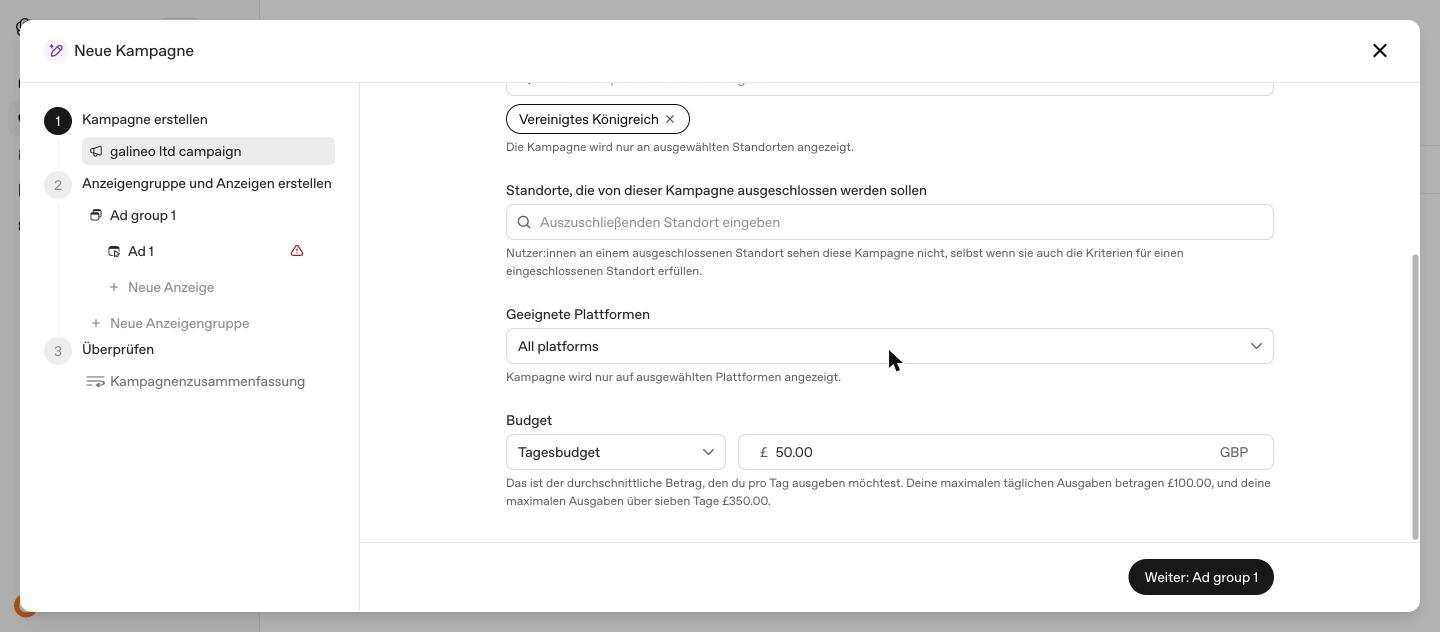 Kampagneneinstellungen mit Plattformen, Budgetfeld und Ausgabenhinweis