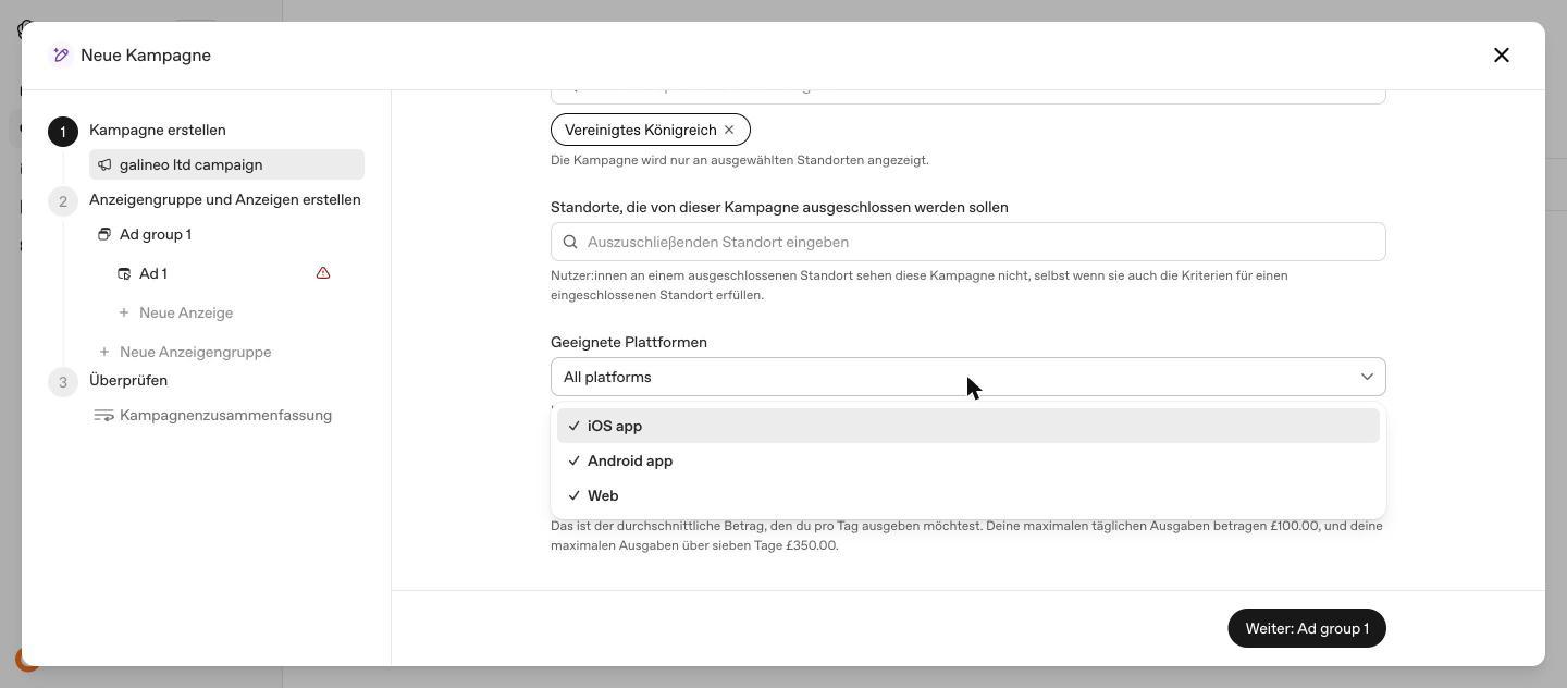 Plattformen-Auswahlfeld mit iOS-App, Android-App und Web