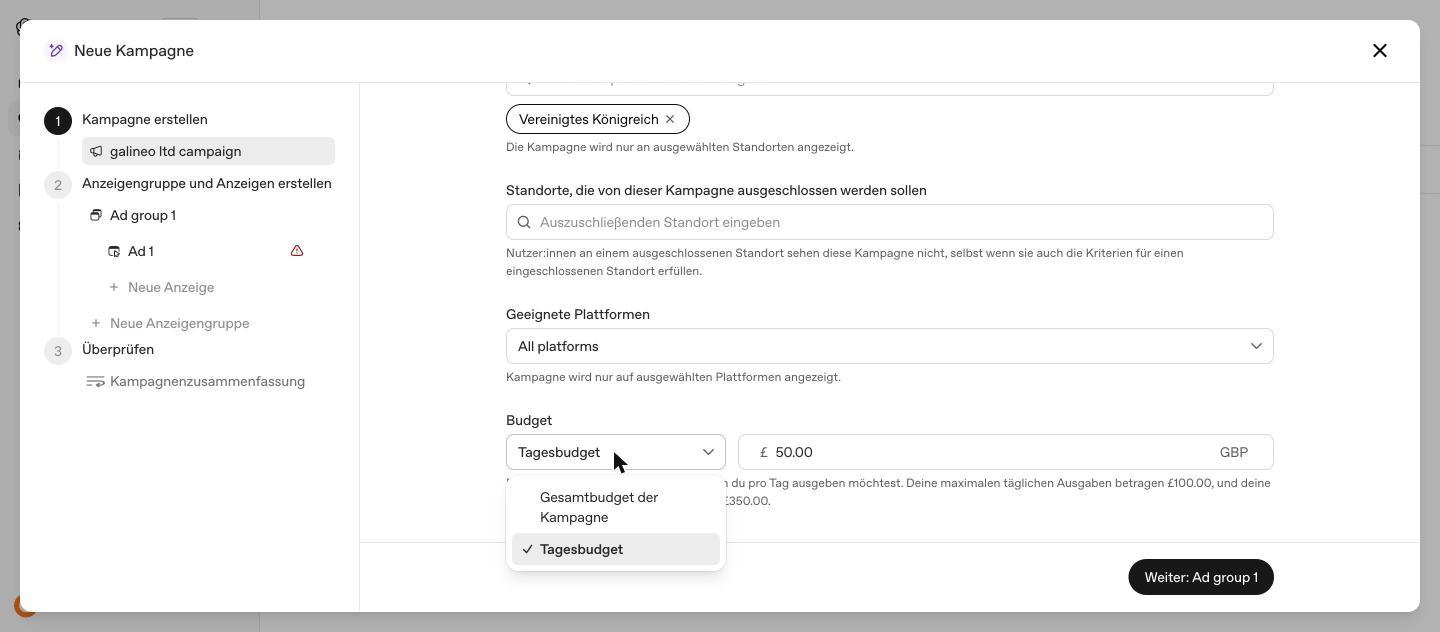 Auswahlfeld für den Budgettyp mit Gesamtbudget der Kampagne und Tagesbudget