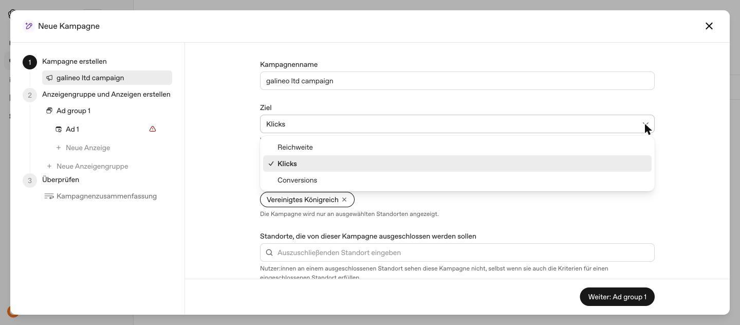 Geöffnetes Ziel-Auswahlfeld mit Reichweite, Klicks und Conversions