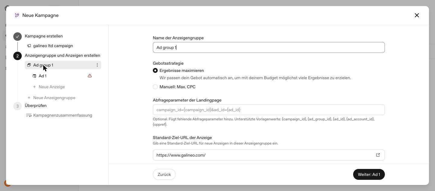 Anzeigengruppe mit Gebotsstrategie Ergebnisse maximieren oder Manuell Max. CPC