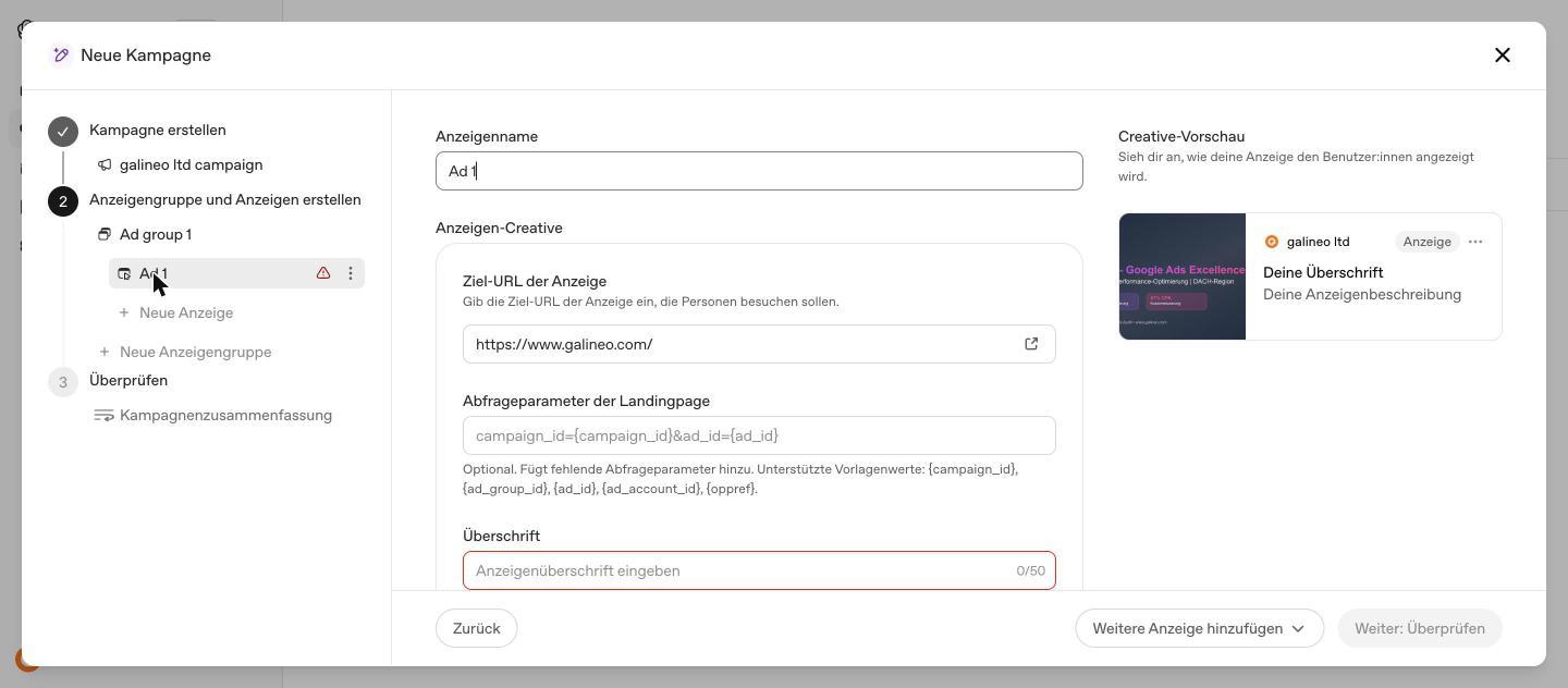 Anzeigen-Editor mit Live-Vorschau der Anzeige