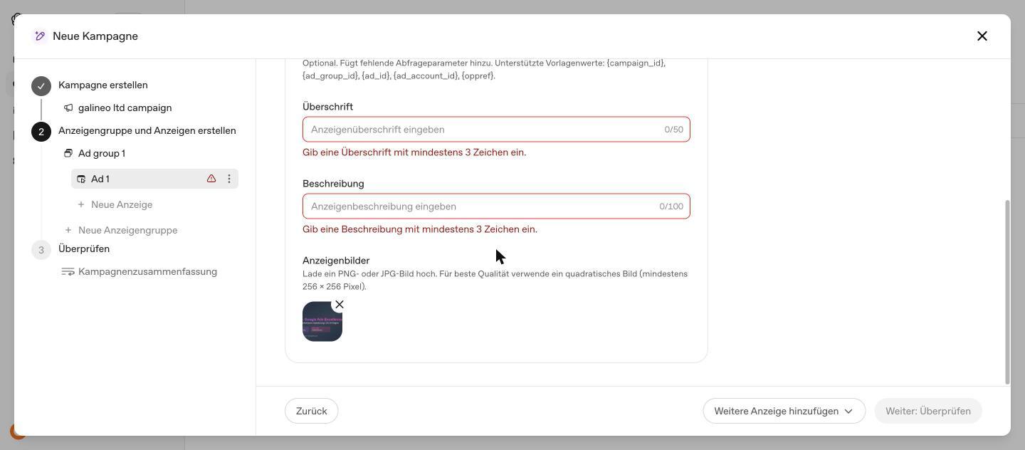 Deutsche Fassung der Anzeigenmaske mit Zeichengrenzen und Vorgaben für Anzeigenbilder