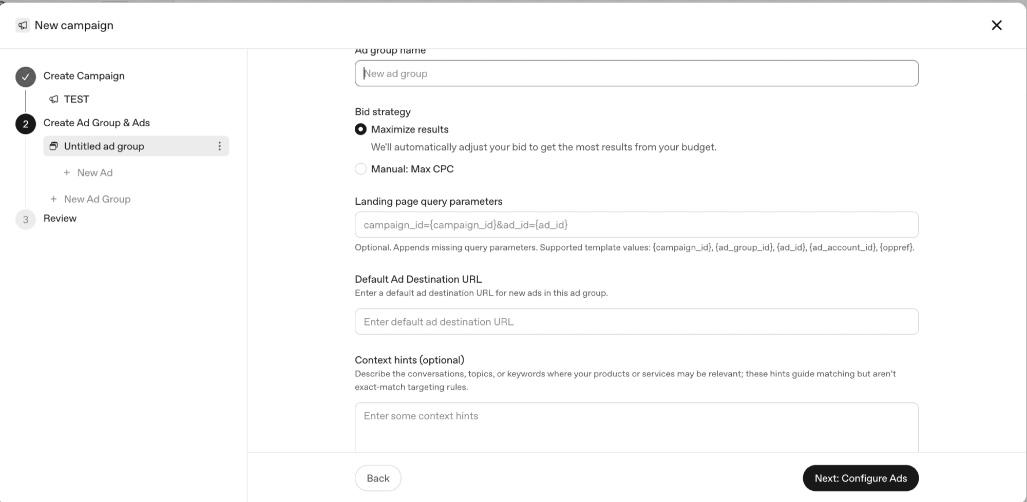 Anzeigengruppe in ChatGPT Ads mit Gebotsstrategie, URL-Parametern und dem Feld Context hints
