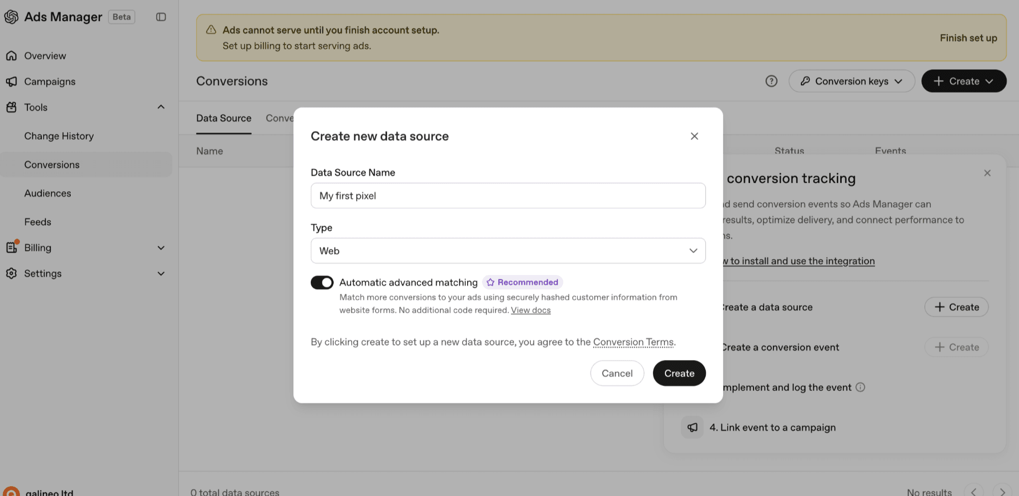 Dialog zum Anlegen einer Datenquelle mit aktiviertem Schalter für automatisches erweitertes Matching