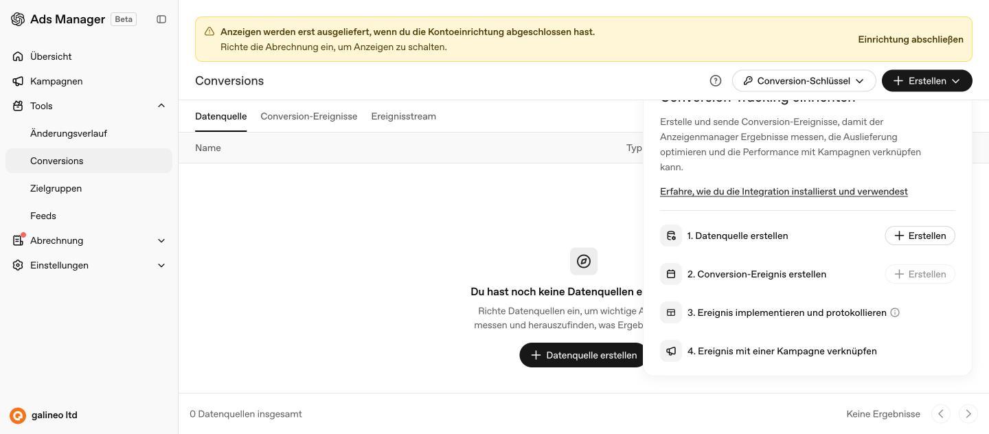 Conversions-Bereich im OpenAI Ads Manager mit den vier Einrichtungsschritten von der Datenquelle bis zur Kampagnenverknüpfung