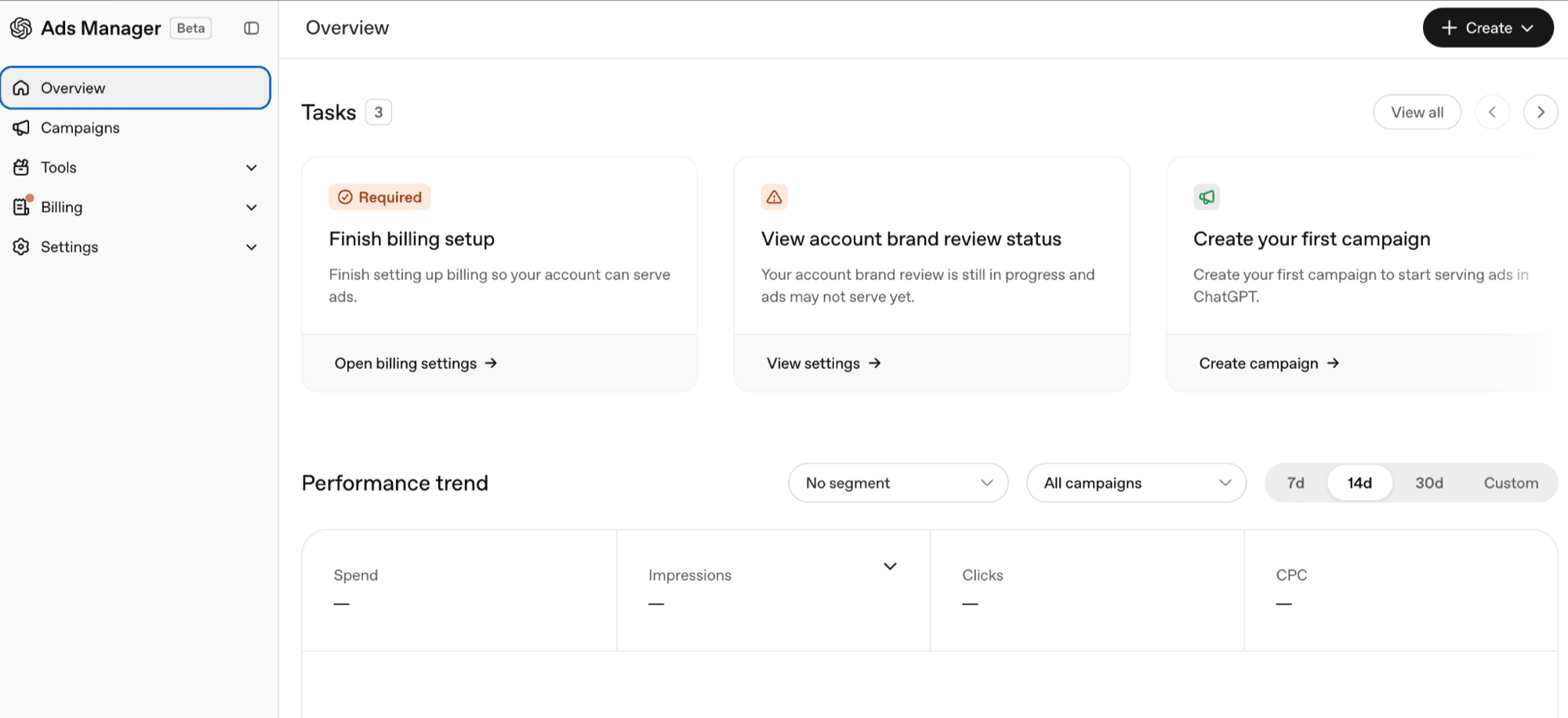 Übersichtsseite im OpenAI Ads Manager mit drei offenen Aufgaben und dem Leistungstrend